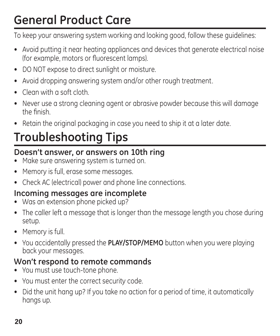 General product care, Troubleshooting tips | GE 29861 User Manual | Page 20 / 56