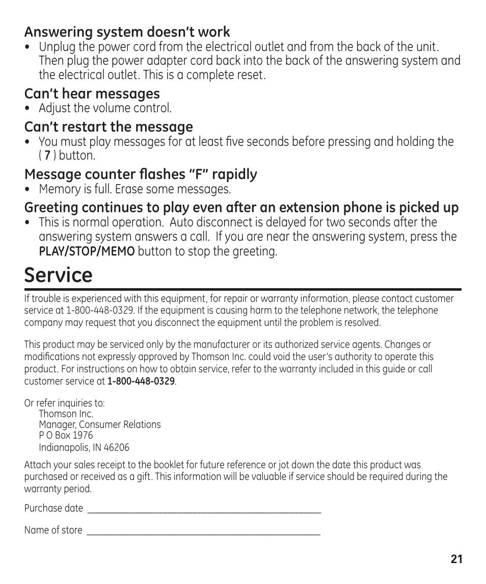 Service, Answering system doesn’t work, Can’t hear messages | Can’t restart the message, Message counter flashes “f” rapidly | GE 29861 User Manual | Page 21 / 56