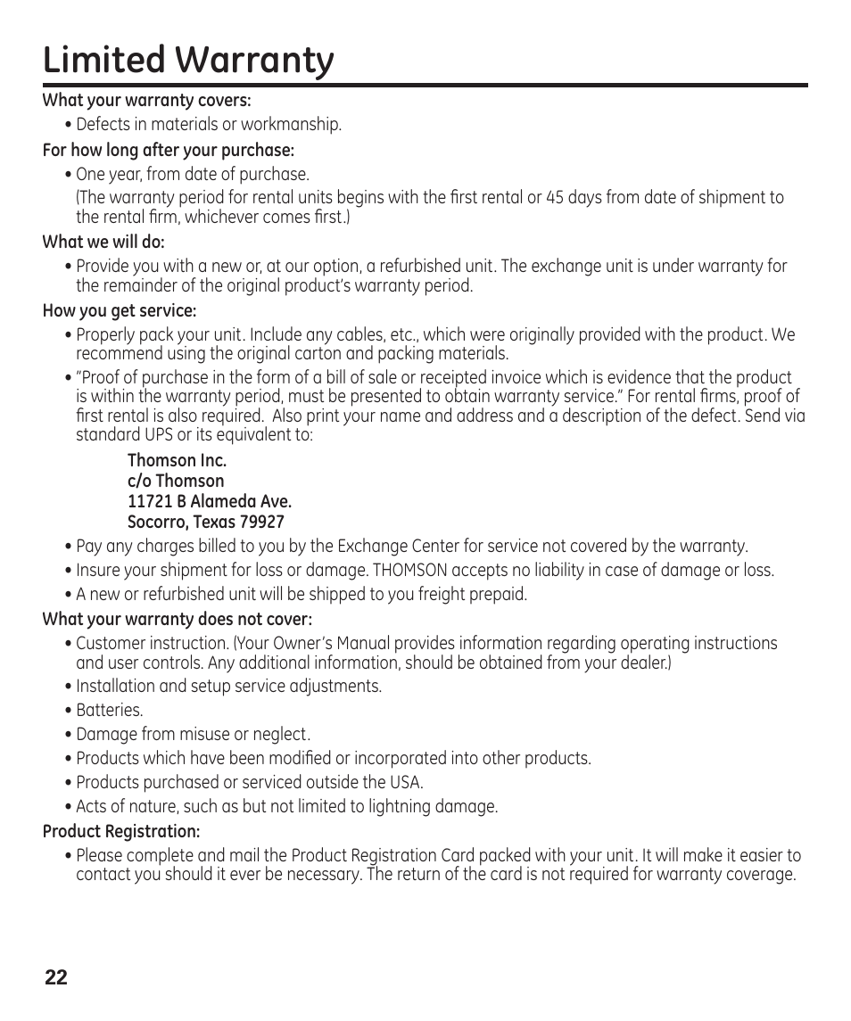 Limited warranty | GE 29861 User Manual | Page 22 / 56