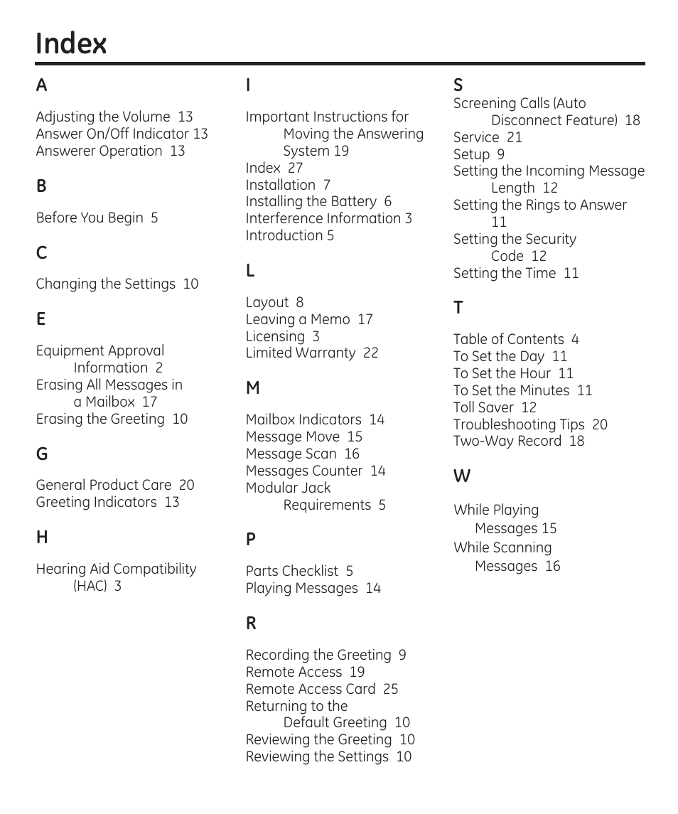 Index | GE 29861 User Manual | Page 27 / 56