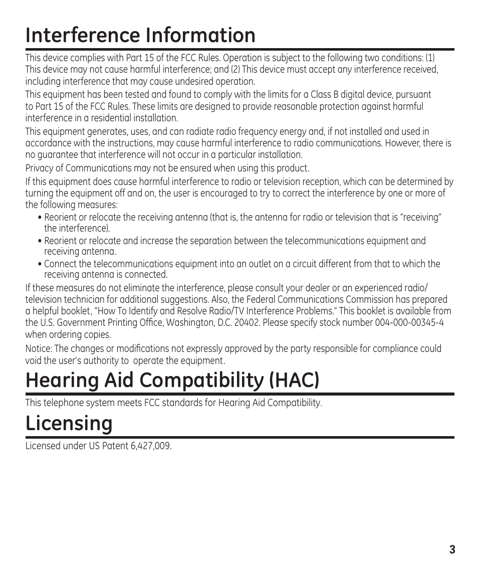 Interference information, Hearing aid compatibility (hac), Licensing | GE 29861 User Manual | Page 3 / 56