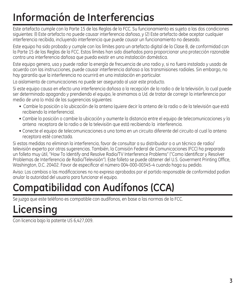 Información de interferencias, Compatibilidad con audífonos (cca), Licensing | GE 29861 User Manual | Page 31 / 56