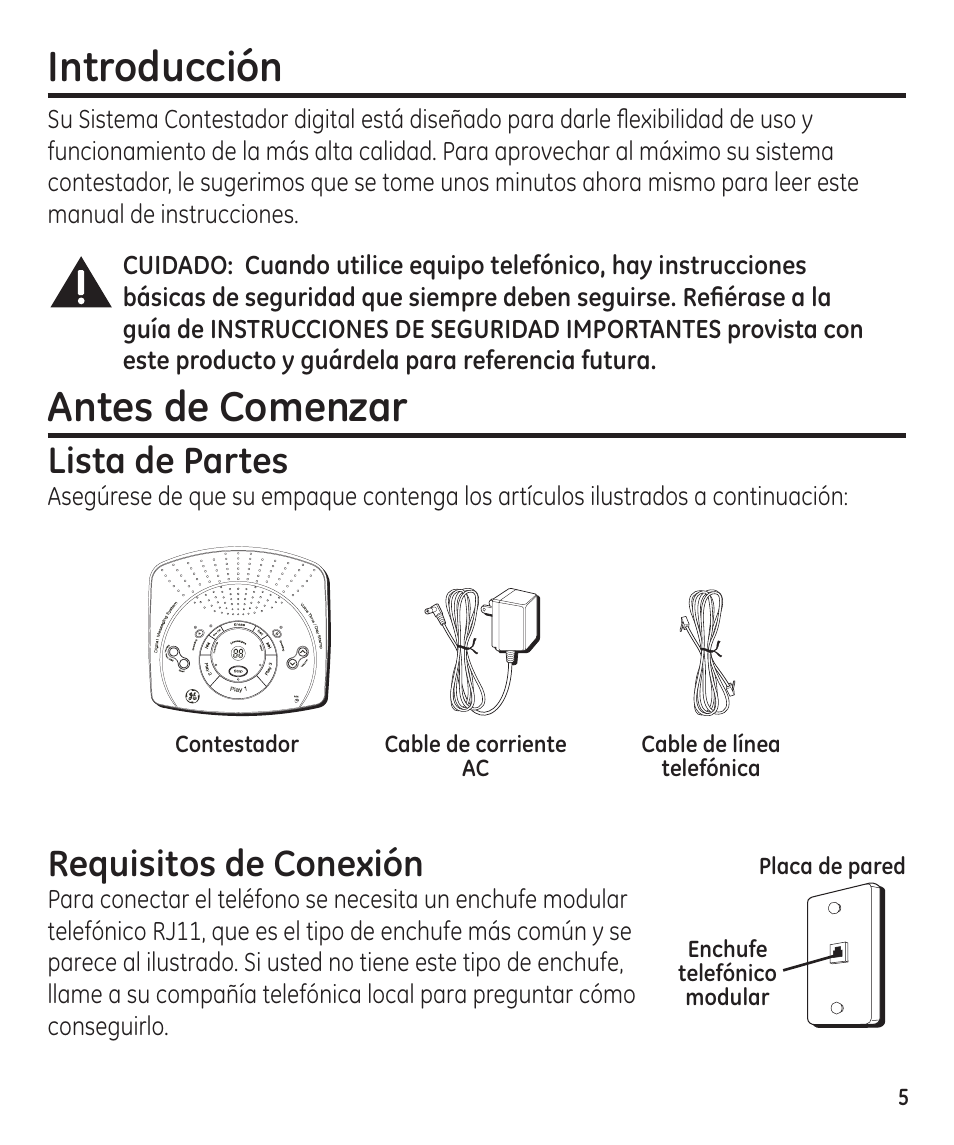 Introducción, Antes de comenzar, Lista de partes | Requisitos de conexión | GE 29861 User Manual | Page 33 / 56