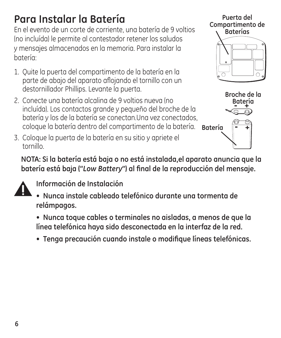 Para instalar la batería | GE 29861 User Manual | Page 34 / 56