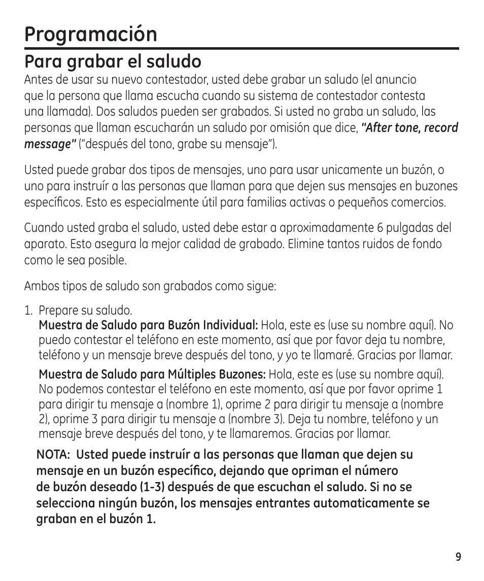 Programación, Para grabar el saludo | GE 29861 User Manual | Page 37 / 56