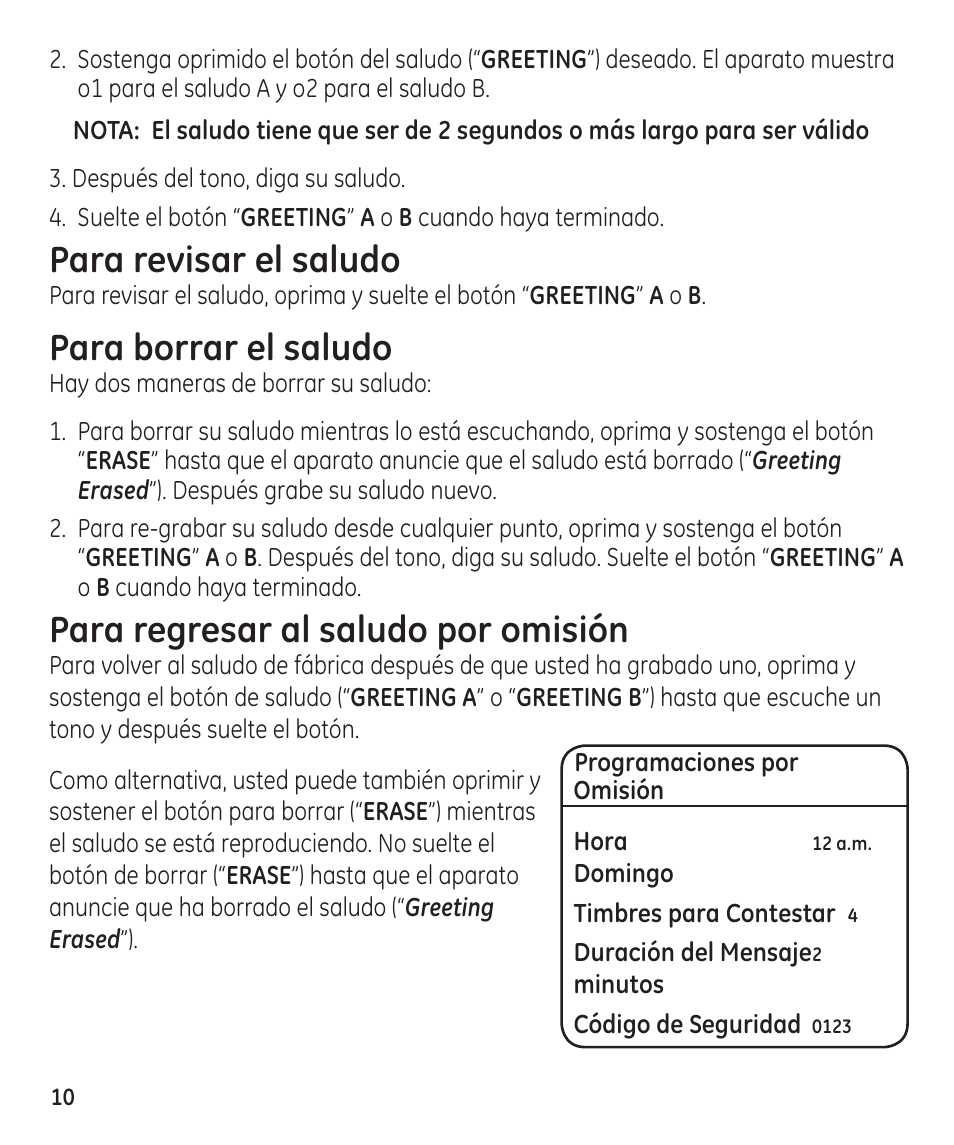 Para revisar el saludo, Para borrar el saludo, Para regresar al saludo por omisión | GE 29861 User Manual | Page 38 / 56