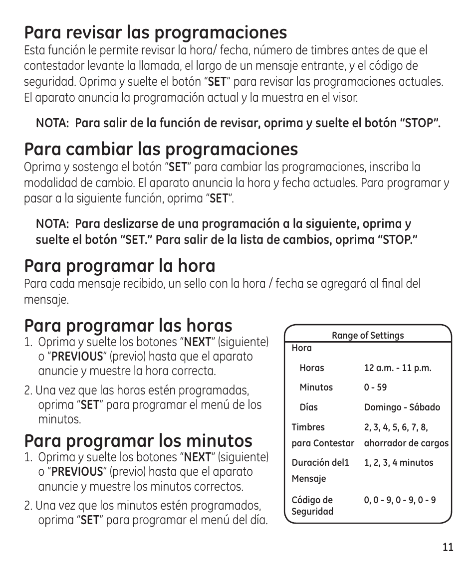 Para revisar las programaciones, Para cambiar las programaciones, Para programar la hora | Para programar las horas, Para programar los minutos | GE 29861 User Manual | Page 39 / 56