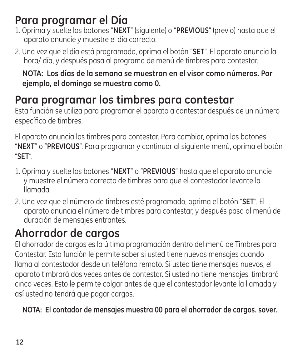 Para programar el día, Para programar los timbres para contestar, Ahorrador de cargos | GE 29861 User Manual | Page 40 / 56