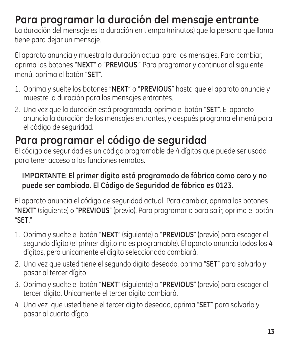 Para programar la duración del mensaje entrante, Para programar el código de seguridad | GE 29861 User Manual | Page 41 / 56
