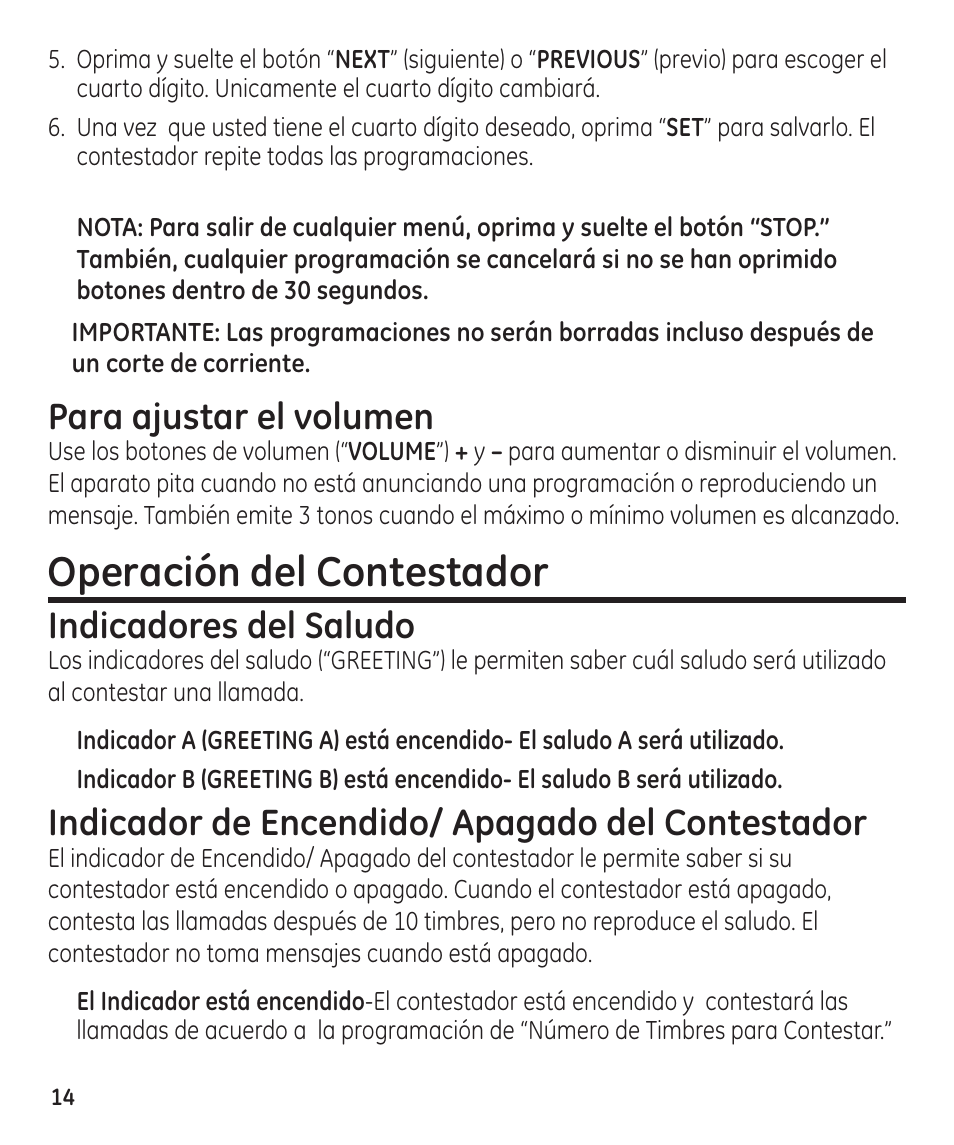 Operación del contestador, Para ajustar el volumen, Indicadores del saludo | Indicador de encendido/ apagado del contestador | GE 29861 User Manual | Page 42 / 56