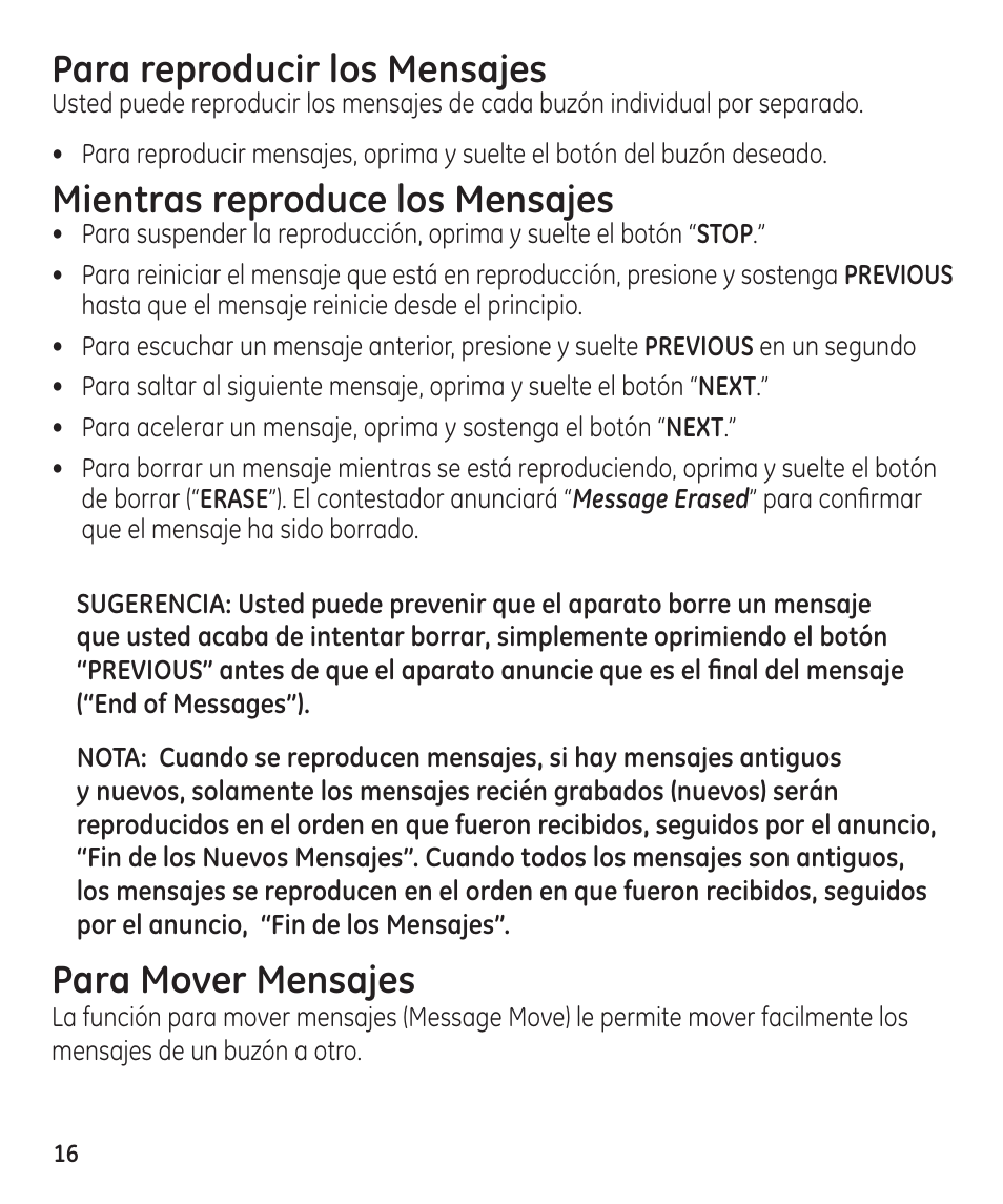 Para reproducir los mensajes, Mientras reproduce los mensajes, Para mover mensajes | GE 29861 User Manual | Page 44 / 56