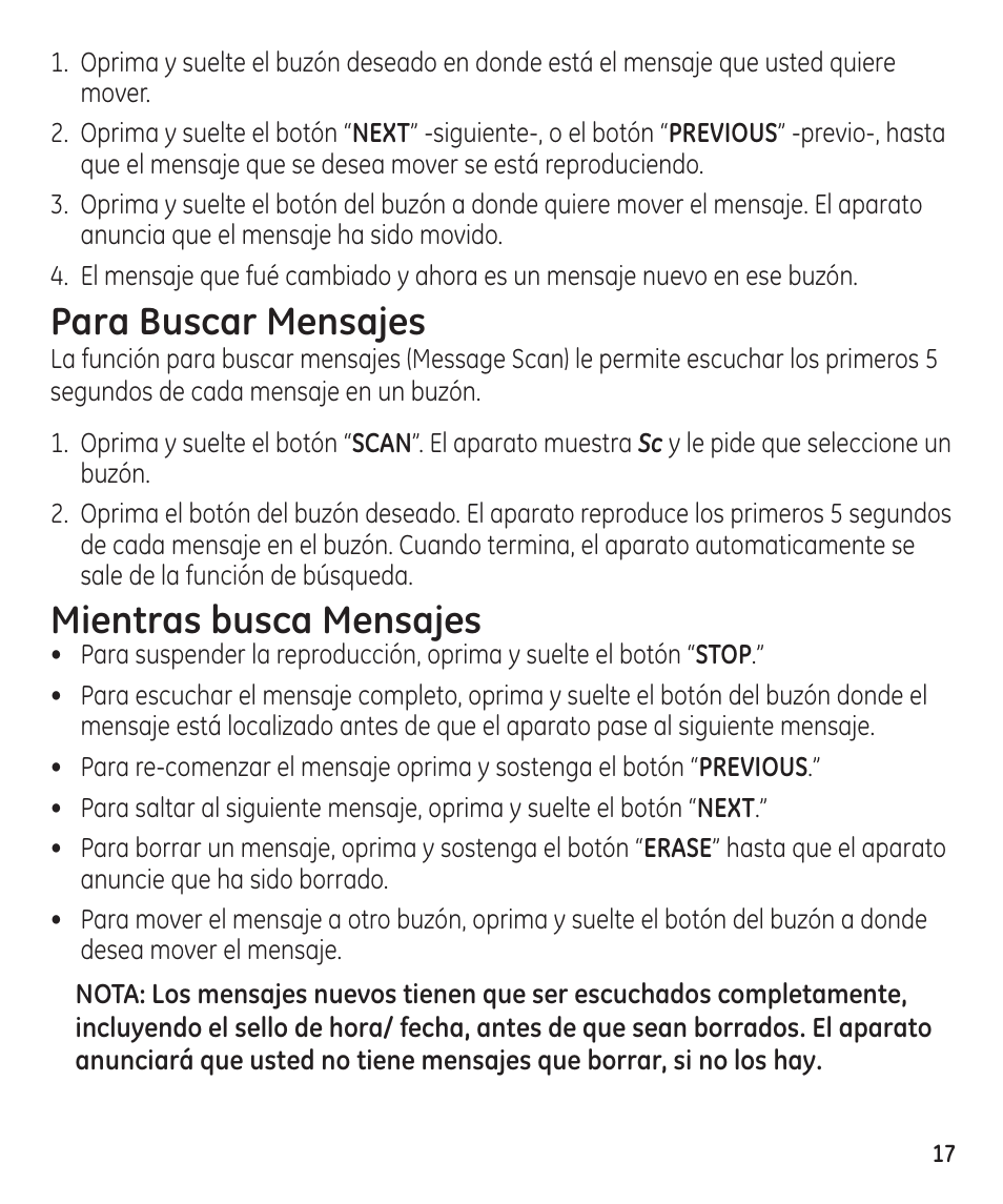 Para buscar mensajes, Mientras busca mensajes | GE 29861 User Manual | Page 45 / 56