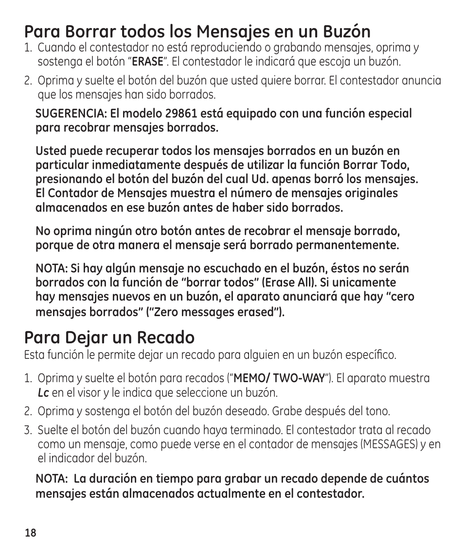 Para borrar todos los mensajes en un buzón, Para dejar un recado | GE 29861 User Manual | Page 46 / 56