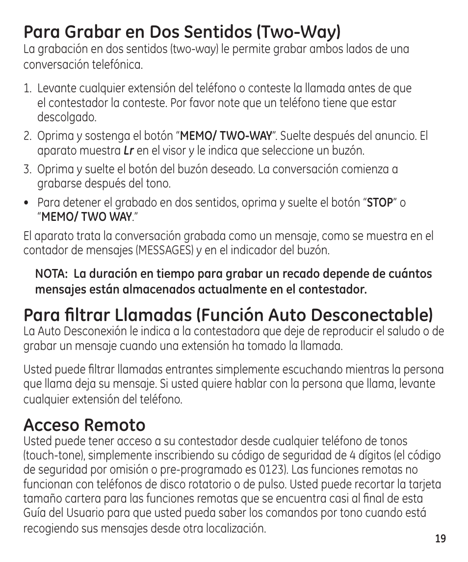 Para grabar en dos sentidos (two-way), Para filtrar llamadas (función auto desconectable), Acceso remoto | GE 29861 User Manual | Page 47 / 56