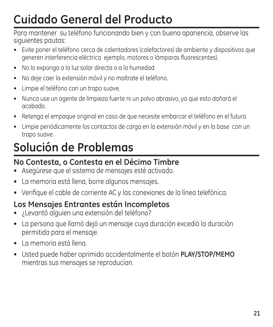 Cuidado general del producto, Solución de problemas | GE 29861 User Manual | Page 49 / 56