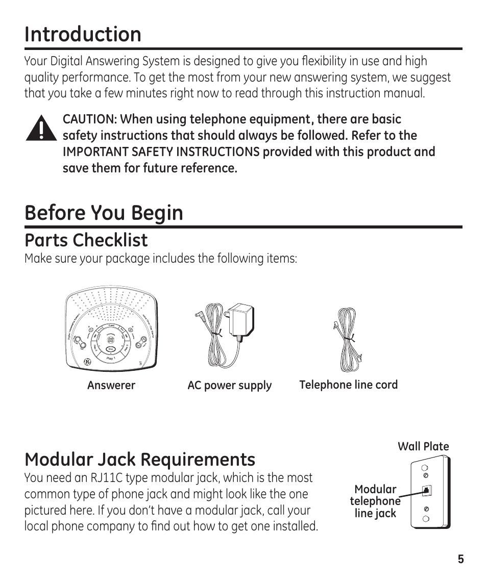 Introduction, Before you begin, Parts checklist | Modular jack requirements | GE 29861 User Manual | Page 5 / 56