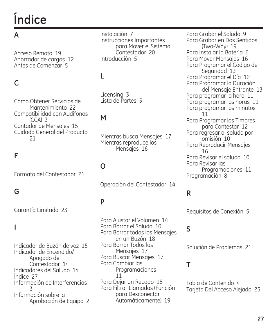 Índice | GE 29861 User Manual | Page 55 / 56