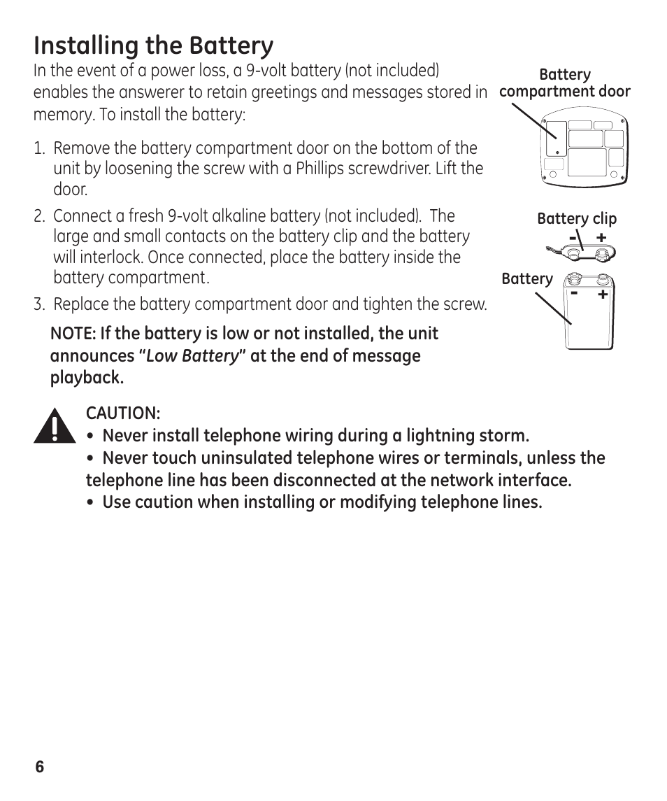 Installing the battery | GE 29861 User Manual | Page 6 / 56