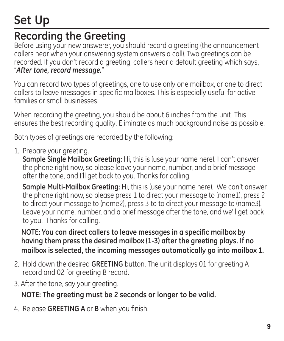 Set up, Recording the greeting | GE 29861 User Manual | Page 9 / 56