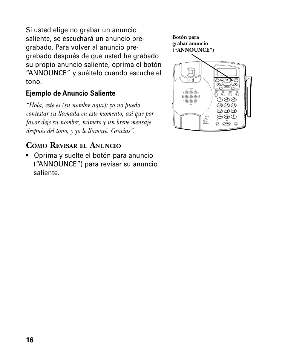 Evisar, Nuncio, Botón para grabar anuncio (“announce”) | GE 26958 User Manual | Page 104 / 176