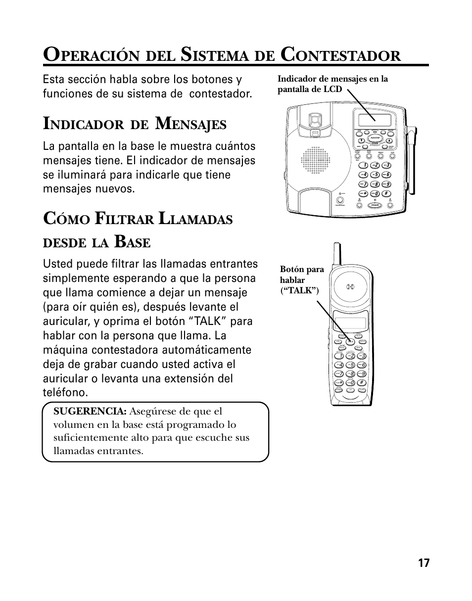 Peración, Istema, Ontestador | Ndicador, Ensajes, Iltrar, Lamadas desde, Indicador de mensajes en la pantalla de lcd, Botón para hablar (“talk”) | GE 26958 User Manual | Page 105 / 176