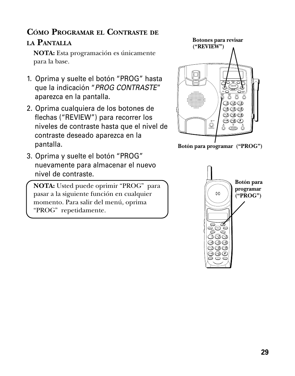 Nota: esta programación es únicamente para la base, Rogramar, Ontraste | De la, Antalla, Botón para programar (“prog”) | GE 26958 User Manual | Page 117 / 176