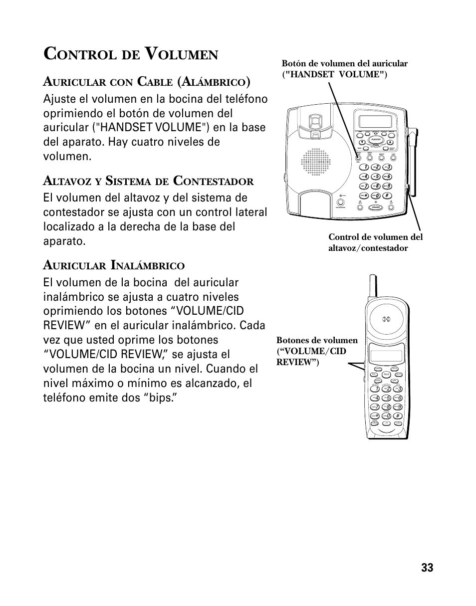 Ontrol, Olumen, Uricular | Able, Lámbrico, Ltavoz, Istema, Ontestador, Nalámbrico, Botón de volumen del auricular ("handset volume") | GE 26958 User Manual | Page 121 / 176