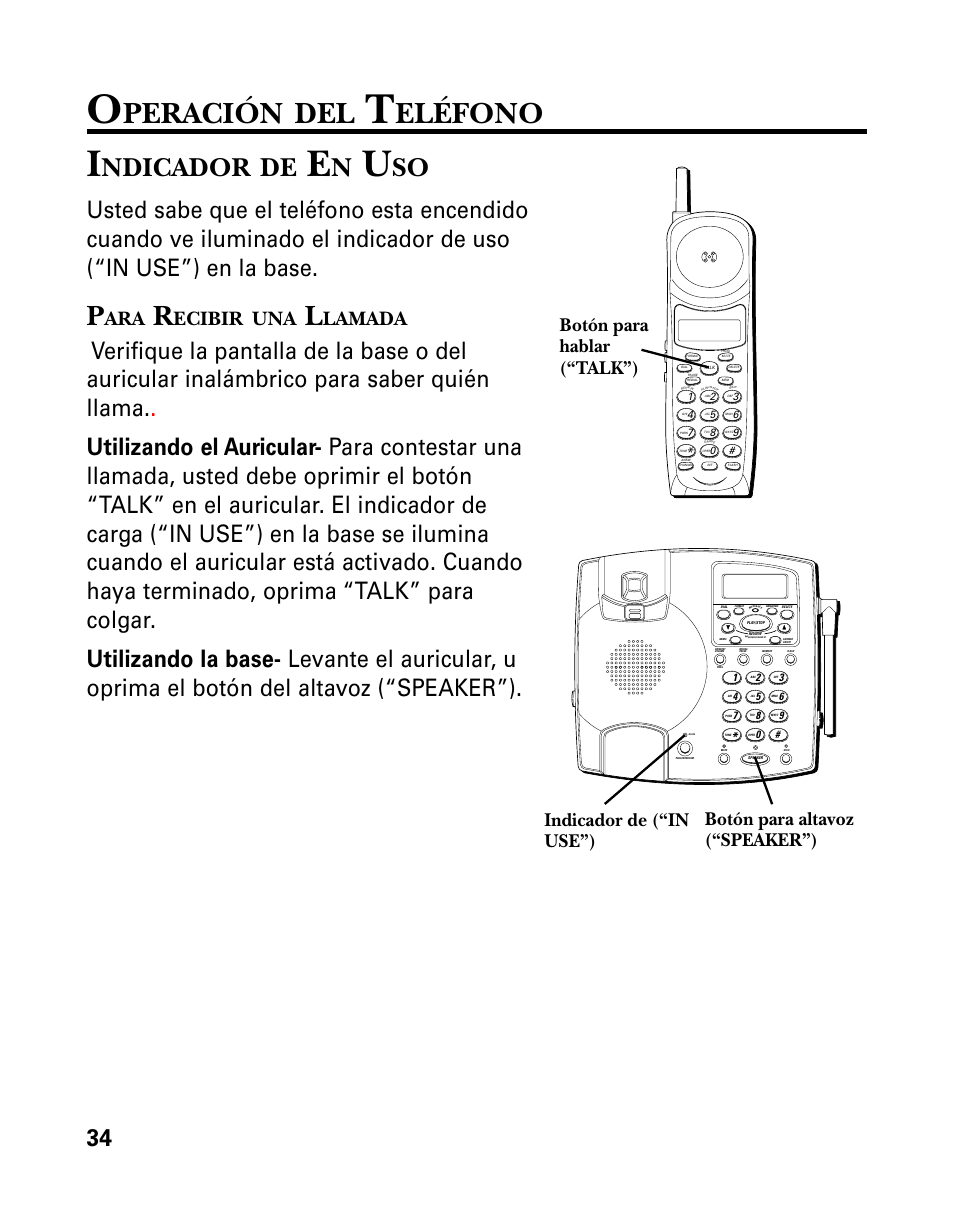 Peración, Eléfono, Ndicador | Ecibir, Lamada, Indicador de (“in use”) | GE 26958 User Manual | Page 122 / 176