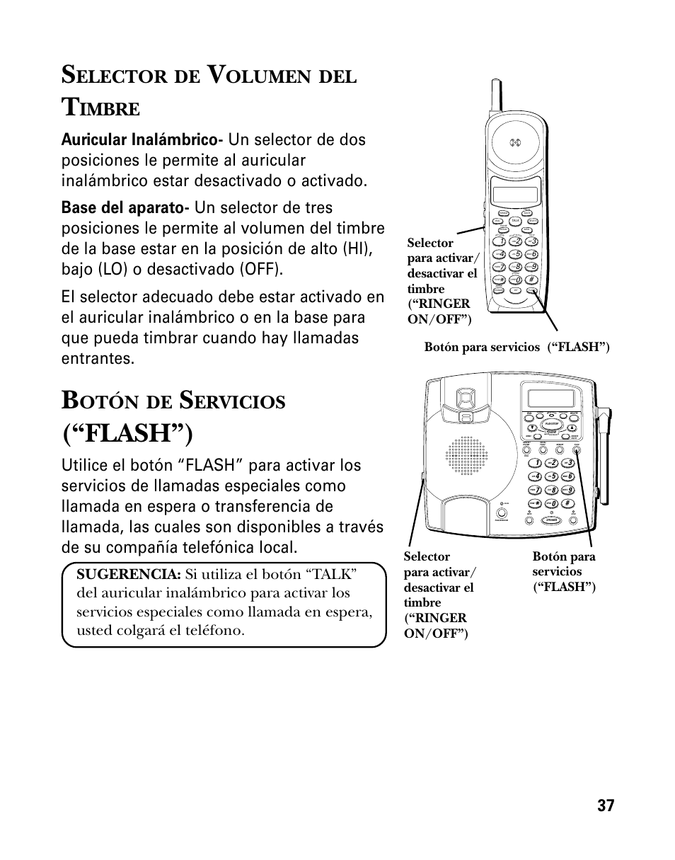 Flash”), Elector, Olumen | Imbre, Otón, Ervicios, Botón para servicios (“flash”) | GE 26958 User Manual | Page 125 / 176