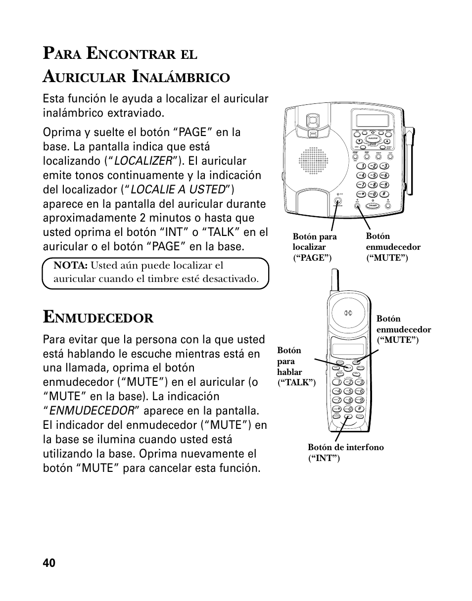 Ncontrar, Uricular, Nalámbrico | Nmudecedor, Botón para localizar (“page”) | GE 26958 User Manual | Page 128 / 176