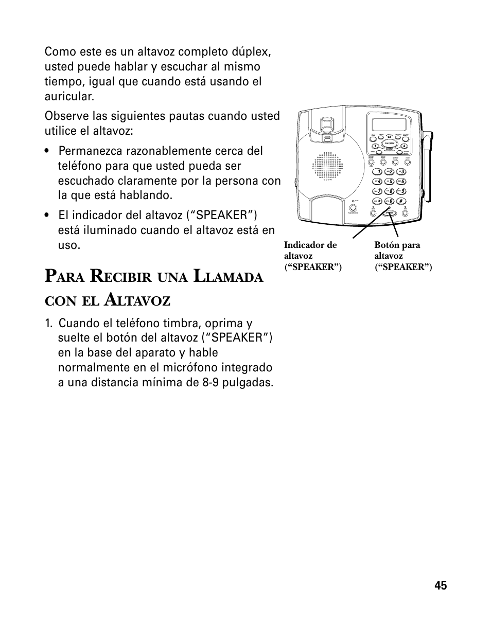 Ecibir, Lamada con, Ltavoz | Botón para altavoz (“speaker”), Indicador de altavoz (“speaker”) | GE 26958 User Manual | Page 133 / 176