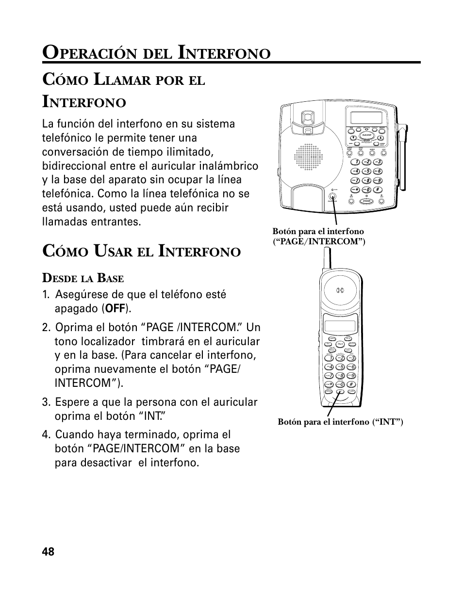 Peración, Nterfono, Lamar | Esde, Botón para el interfono (“page/intercom”), Botón para el interfono (“int”) | GE 26958 User Manual | Page 136 / 176