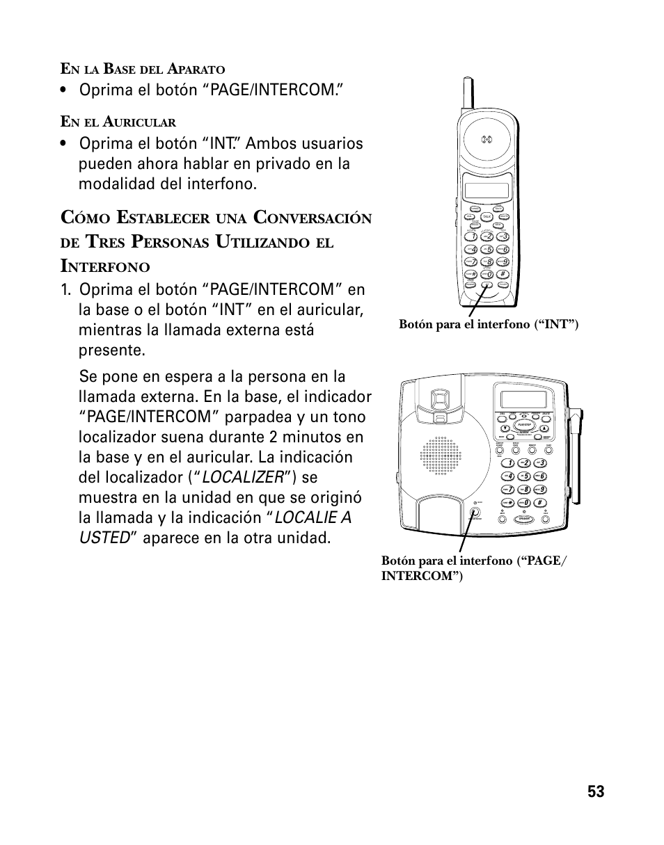 53 e, Oprima el botón “page/intercom.” e, Stablecer | Onversación de, Ersonas, Tilizando, Nterfono, Botón para el interfono (“int”), Botón para el interfono (“page/ intercom”), Parato | GE 26958 User Manual | Page 141 / 176