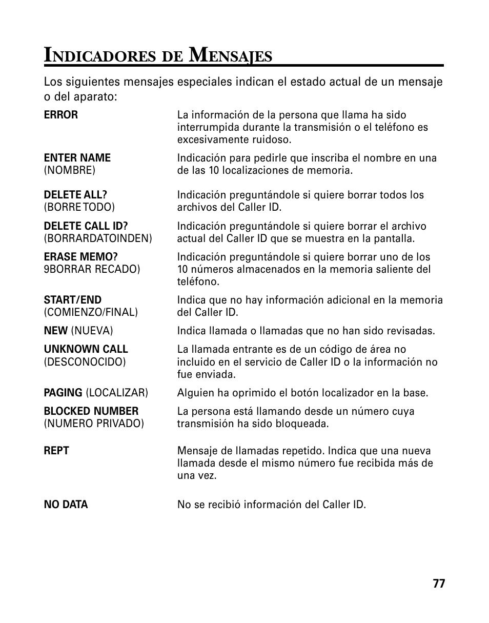Ndicadores, Ensajes | GE 26958 User Manual | Page 165 / 176