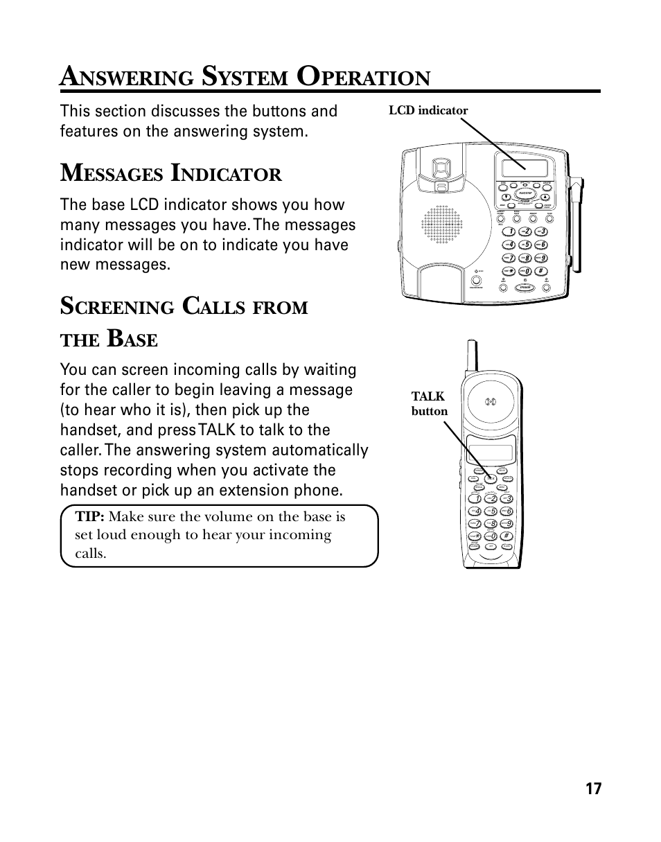 Nswering, Ystem, Peration | Essages, Ndicator, Creening, Alls, Lcd indicator, Talk button | GE 26958 User Manual | Page 17 / 176