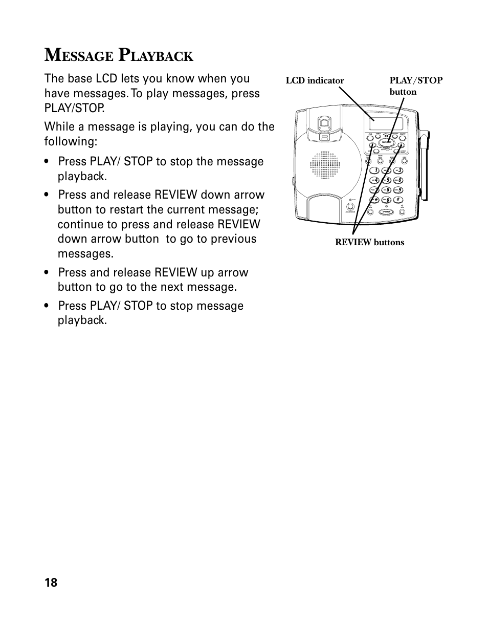 Essage, Layback, Lcd indicator play/stop button review buttons | GE 26958 User Manual | Page 18 / 176