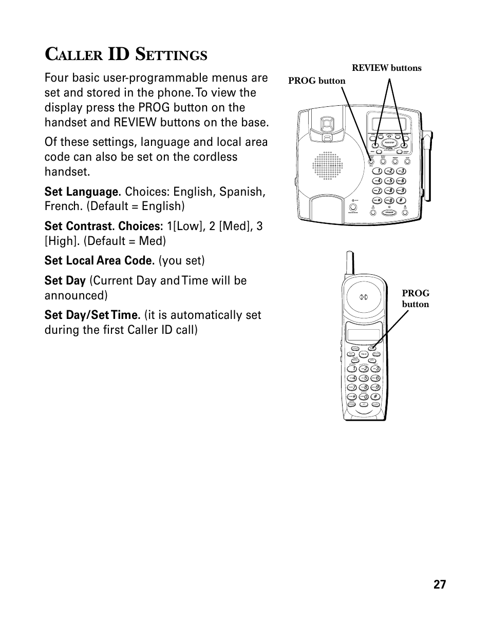 Id s, Aller, Ettings | Prog button, Prog button review buttons | GE 26958 User Manual | Page 27 / 176