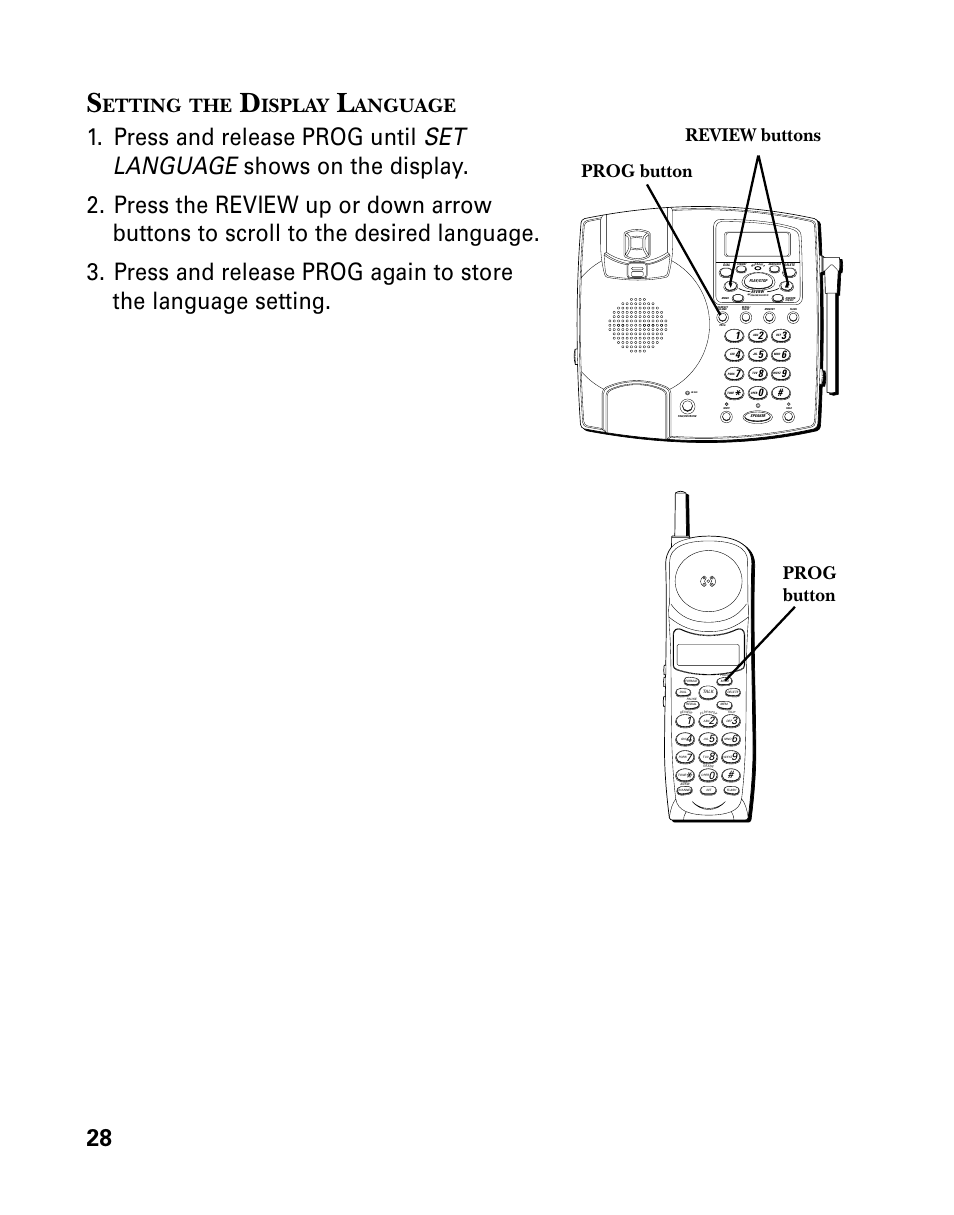 Etting, Isplay, Anguage | Prog button, Prog button review buttons | GE 26958 User Manual | Page 28 / 176