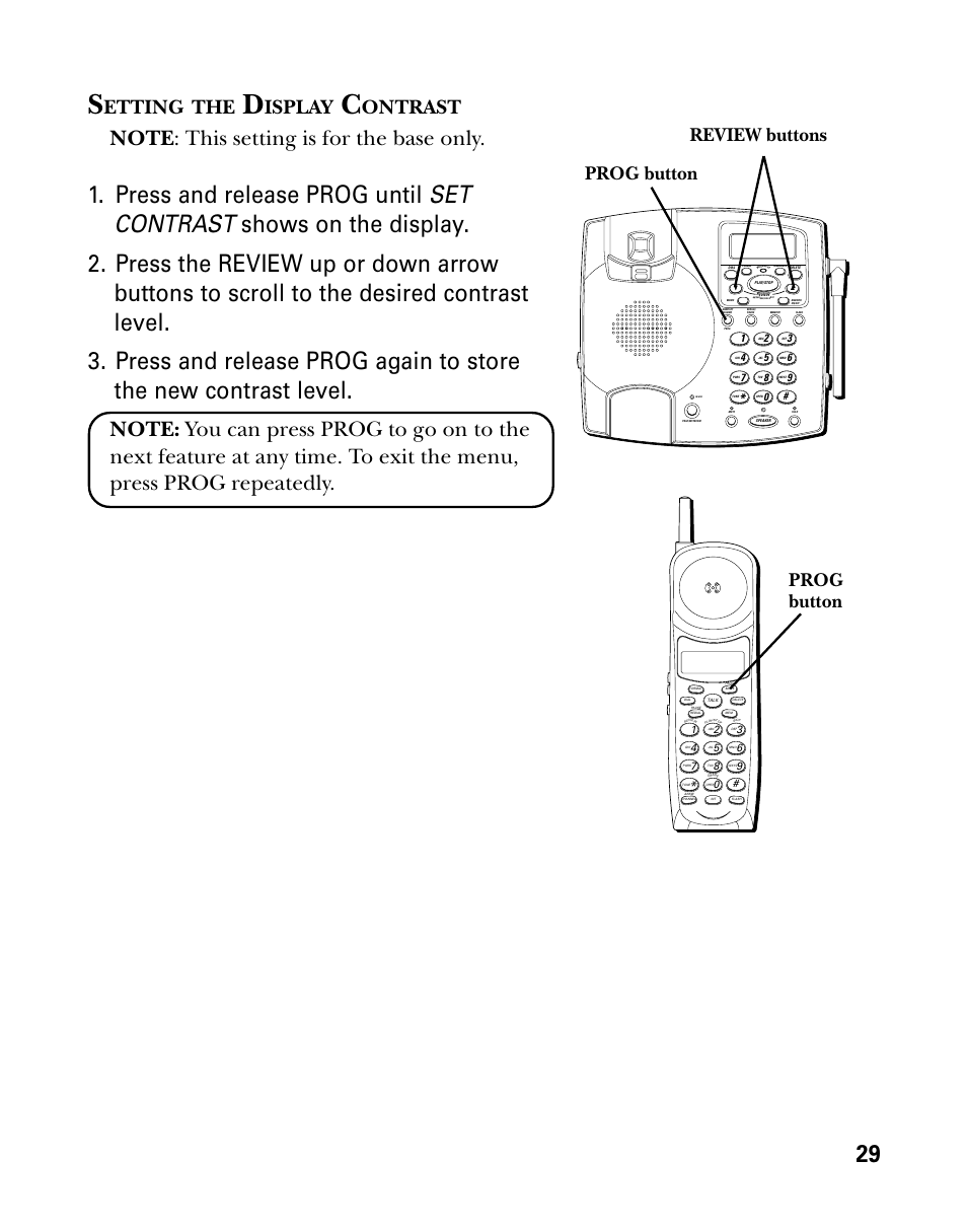Etting, Isplay, Ontrast | Prog button review buttons prog button | GE 26958 User Manual | Page 29 / 176