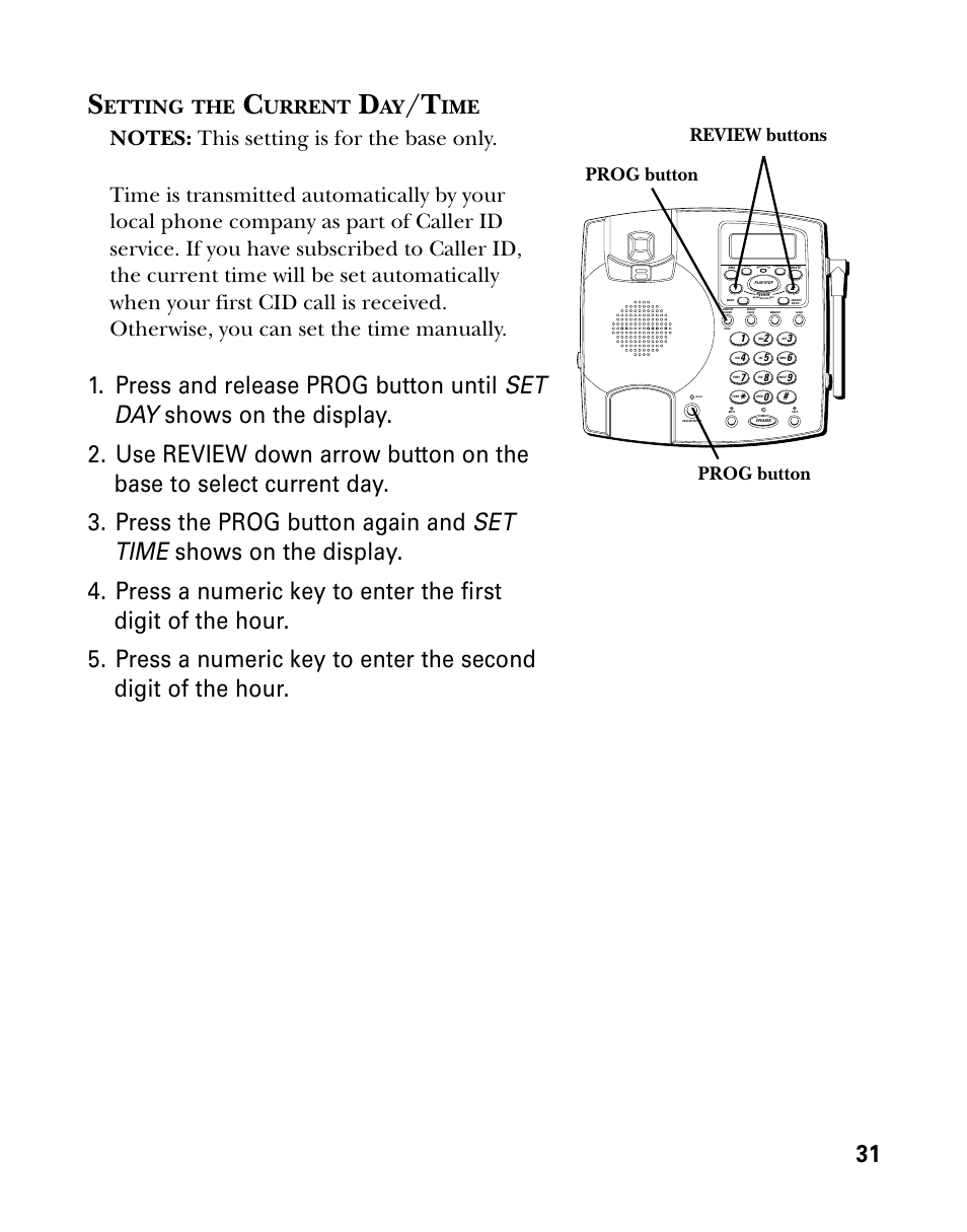 Etting, Urrent, Review buttons prog button prog button | GE 26958 User Manual | Page 31 / 176