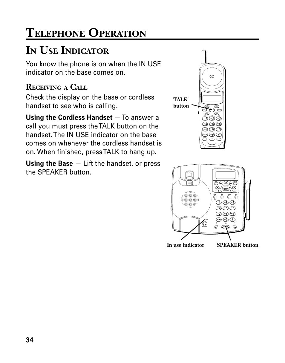 Elephone, Peration, Ndicator | Eceiving, Talk button speaker button | GE 26958 User Manual | Page 34 / 176