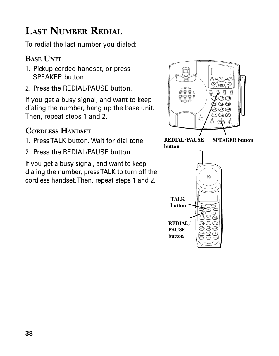 Umber, Edial, Ordless | Andset, Talk button speaker button, Redial/ pause button redial/pause button | GE 26958 User Manual | Page 38 / 176