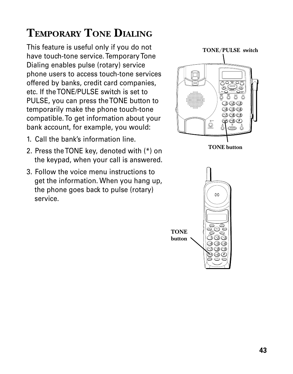 Emporary, Ialing, Tone button | Tone button tone/pulse switch | GE 26958 User Manual | Page 43 / 176