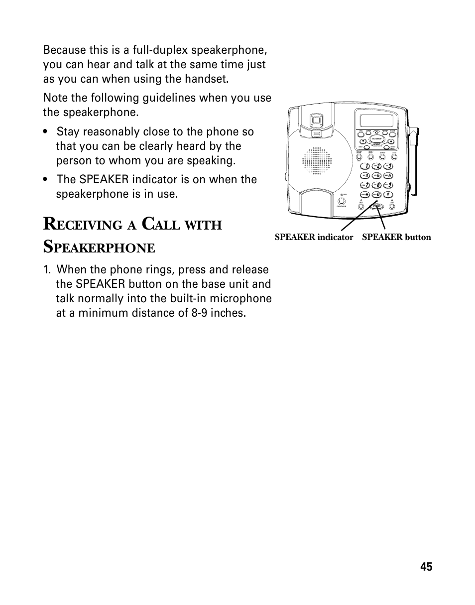 Eceiving, With, Peakerphone | Speaker button, Speaker indicator | GE 26958 User Manual | Page 45 / 176