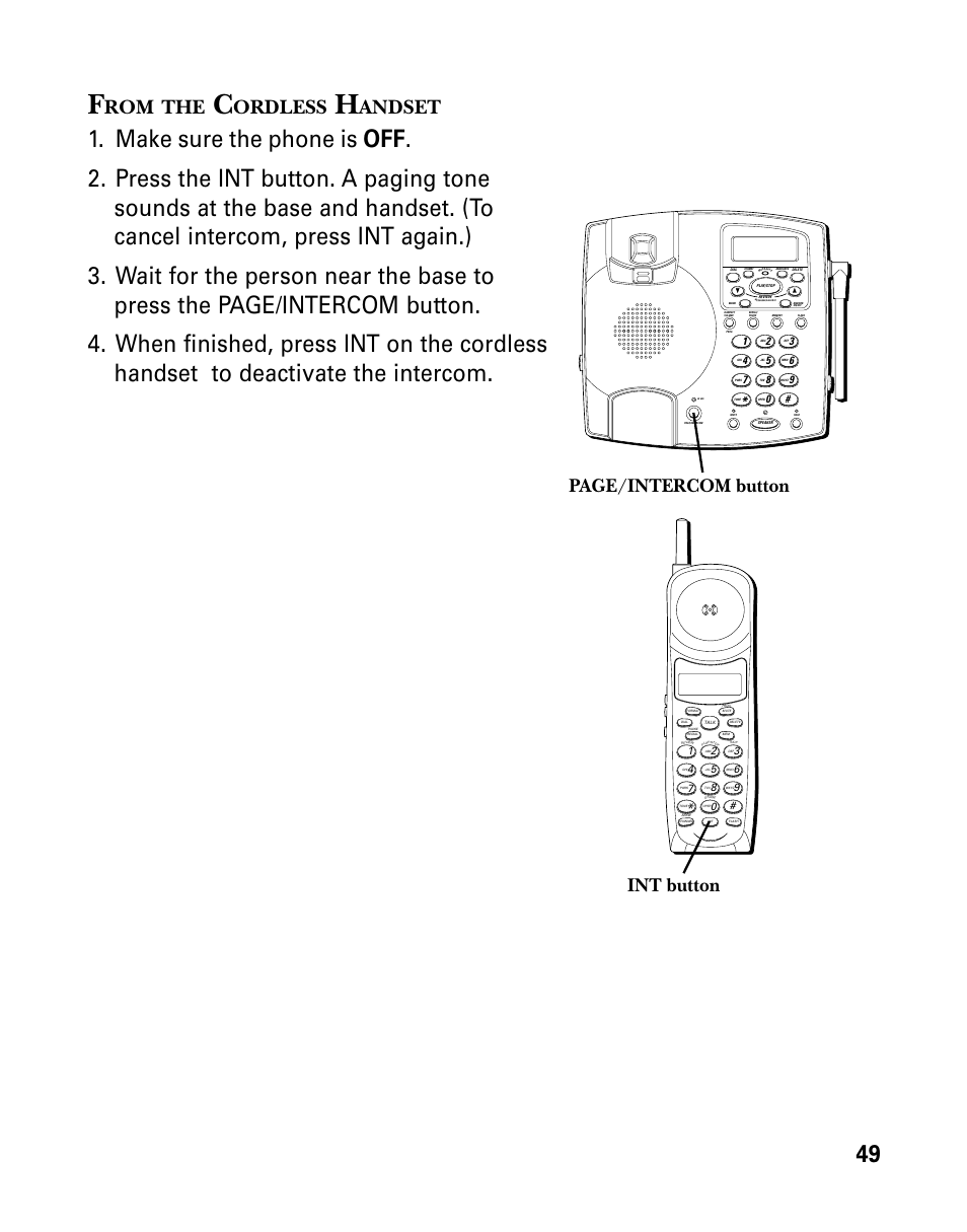 Ordless, Andset, Page/intercom button | Int button | GE 26958 User Manual | Page 49 / 176