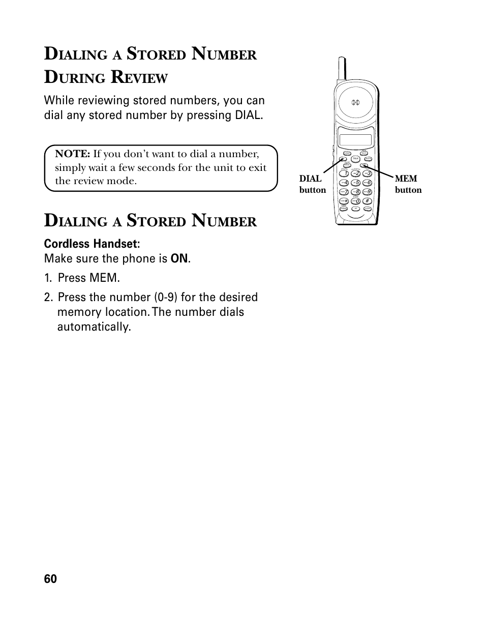 Ialing, Tored, Umber | Uring, Eview, Mem button dial button | GE 26958 User Manual | Page 60 / 176
