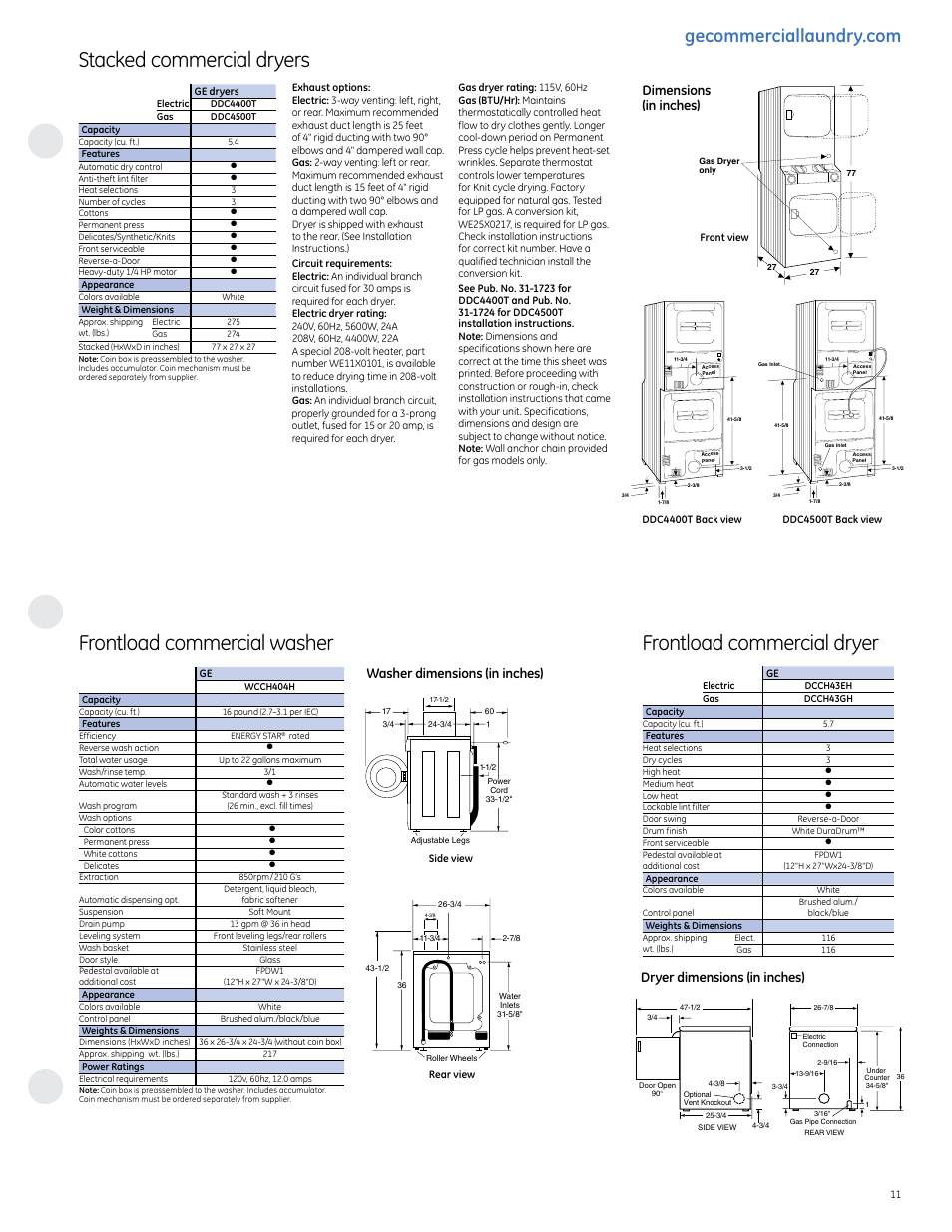 Frontload commercial washer, Frontload commercial dryer, Stacked commercial dryers | Washer dimensions (in inches), Dimensions (in inches), Dryer dimensions (in inches) | GE commercial washer User Manual | Page 11 / 12