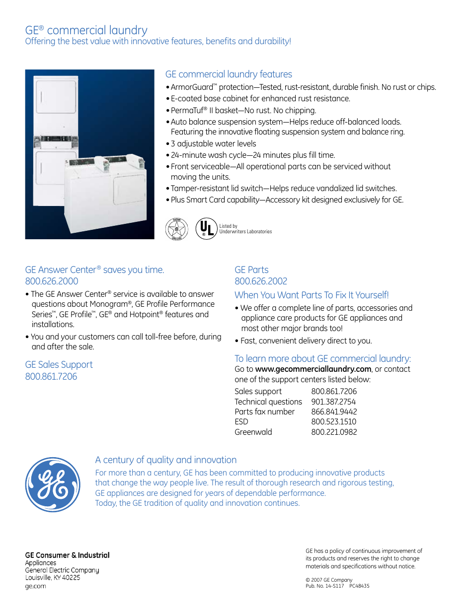 Commercial laundry, A century of quality and innovation, Ge commercial laundry features | Ge answer center | GE commercial washer User Manual | Page 12 / 12