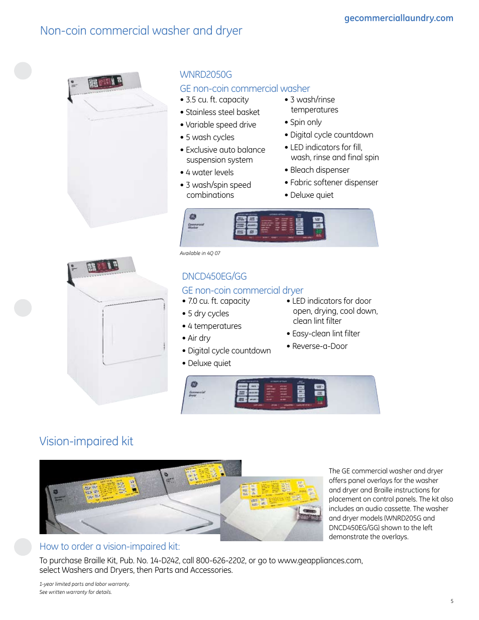 Non-coin commercial washer and dryer, Vision-impaired kit | GE commercial washer User Manual | Page 5 / 12