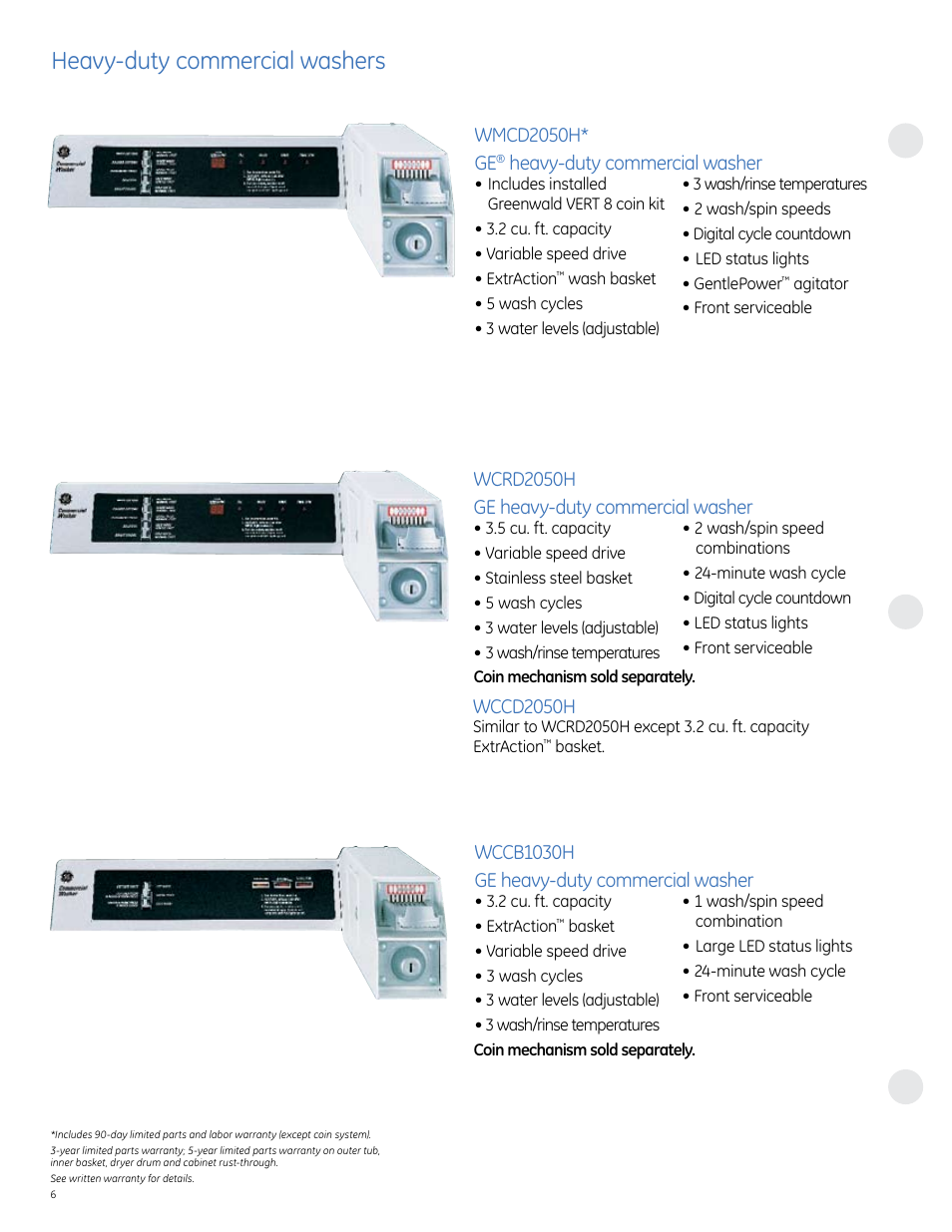 Heavy-duty commercial washers, Wccb100h ge heavy-duty commercial washer, Wccd050h | Wcrd050h ge heavy-duty commercial washer, Wmcd050h* ge, Heavy-duty commercial washer | GE commercial washer User Manual | Page 6 / 12